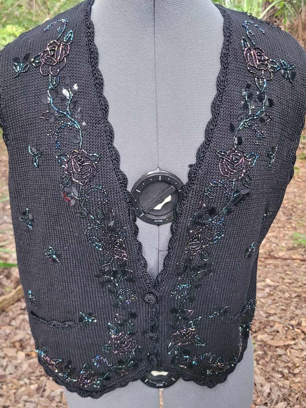 Erika Black Beaded Floral V-Neck Sweater Vest